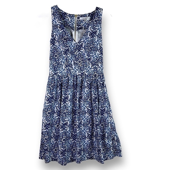 Milly Blue Combo Sleeveless V Neck A Line Cotton Blend Dress Blue Sz 2 - Picture 2 of 13